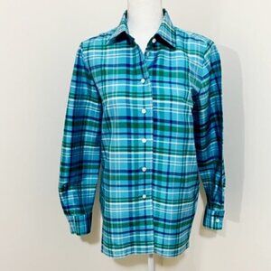 Real clothes saks fifth avenue 100% silk blue plaid long sleeve blouse